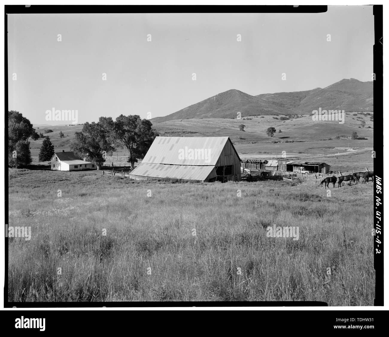 Globale Sicht der Ranch Hauptquartier. Blick nach Südwesten, die RANCH STRUKTUREN MIT SCHEUNE IM VORDERGRUND. Haus IST AUF DER LINKEN SEITE. - Henry Cluff Ranch, jordanelle Tal, Keetley Mine Road an der U.S. Route 40, Heber City, Wasatch County, UT Stockfoto