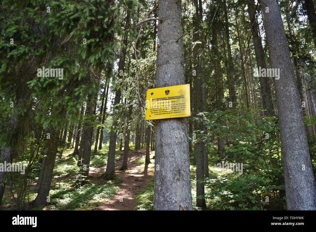 Militär, Bundesheeres, Heer, Übungsgebiet, Lebensgefahr, Wappen, Österreich, gesperrt, Wald, Müll verboten, Befahren verboten, Blindgänger, Munition Stockfoto