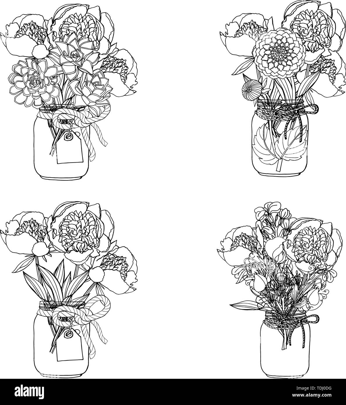 Hand gezeichnet Doodle style Bouquets verschiedener Blumen: saftige, Dahlie, Lager Blume, Sweet pea. auf weißem Hintergrund. Vektor illustratio Stock Vektor