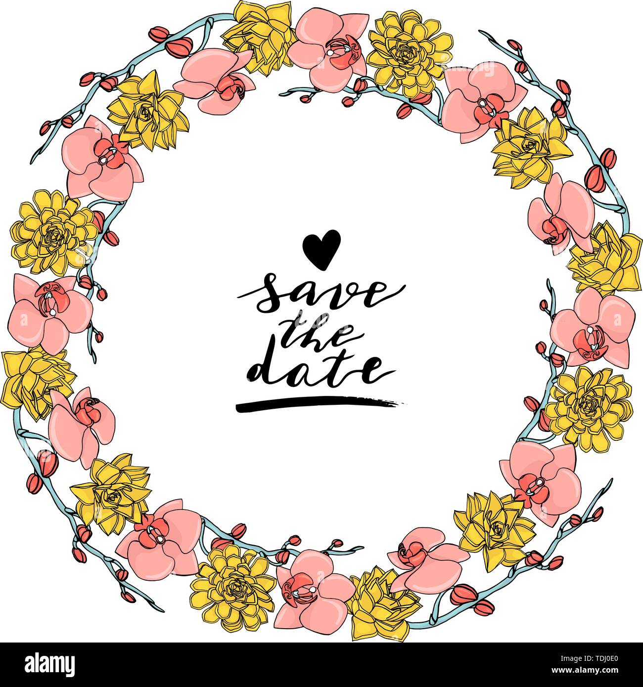 Hand gezeichnet Doodle style saftig und orchid flower Wreath mit benutzerdefinierten hand Schrift Datum speichern.. Floral Design Element. isoliert auf weißem backgro Stock Vektor