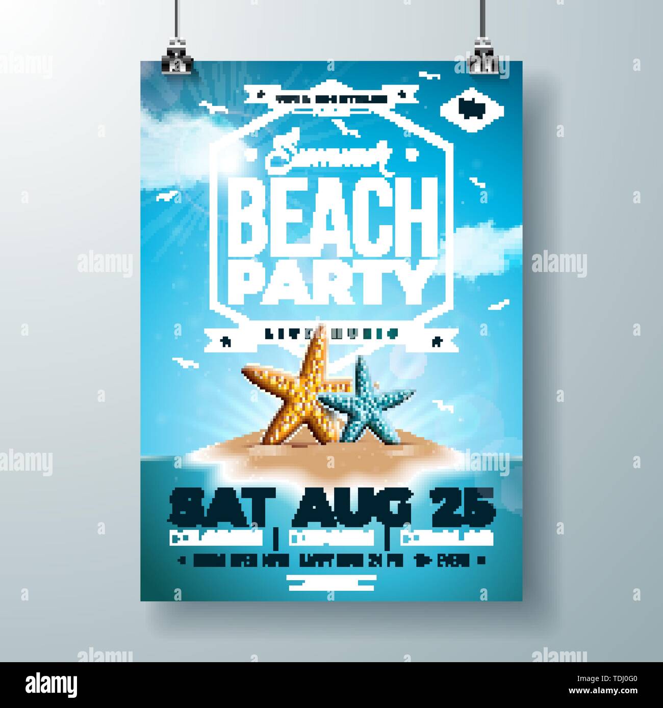 Vektor Summer Party Flyer Design mit Seesternen und tropischen Insel am Ocean Blau unterlegt ist. Sommerurlaub Feier Design Vorlage mit Stock Vektor