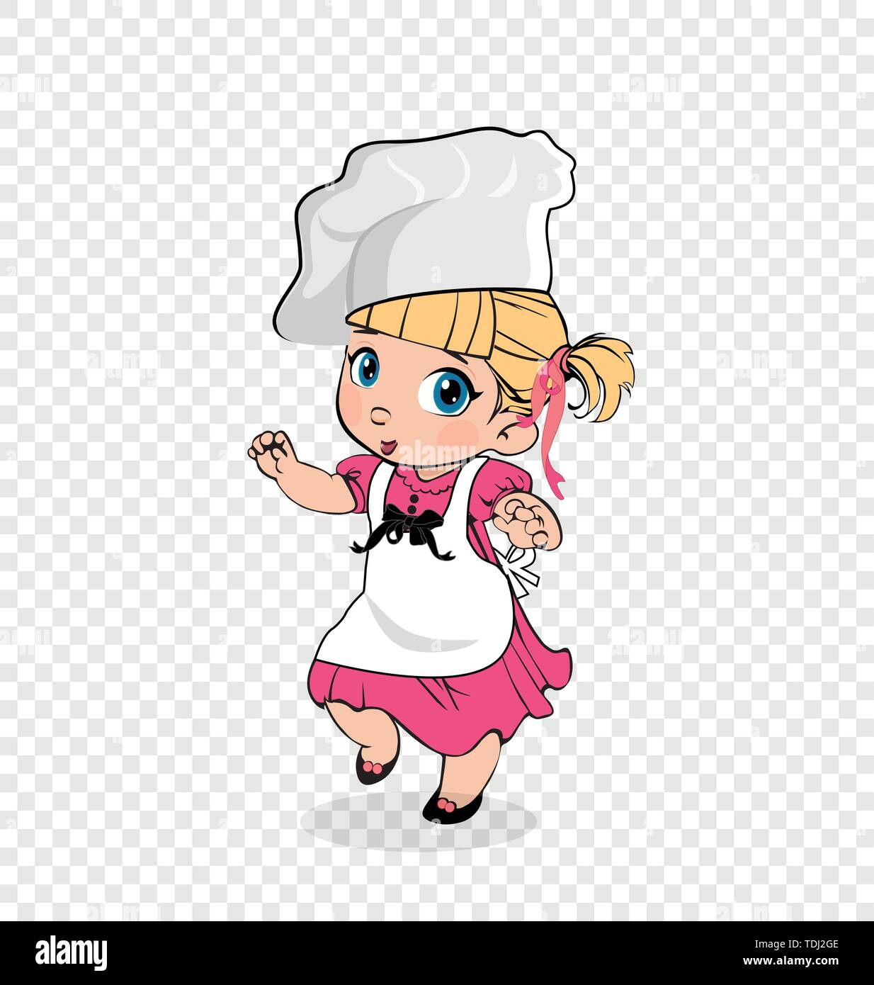 Kleines Mädchen Koch in weißen Schürze und Mütze, Kindermenü Charakter, Adorable Kocher Baby, Kochen blonde Kind in rosa Kleid isoliert auf transparente Backgro Stock Vektor