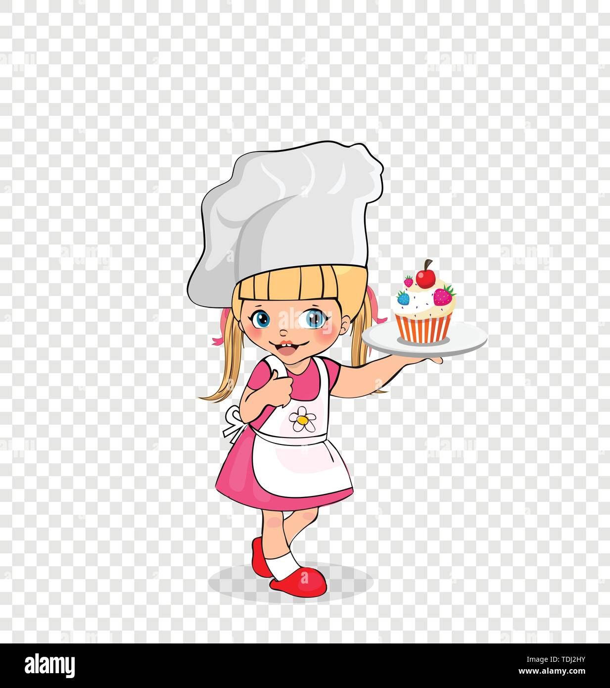 Kleines Mädchen Chef mit Kuchen auf Platte, Zicklein in Schürze und Mütze mit Kuchen auf Fach, Baby Menü Charakter, Kocher, Kochen Kind isoliert auf transparente Backgr Stock Vektor
