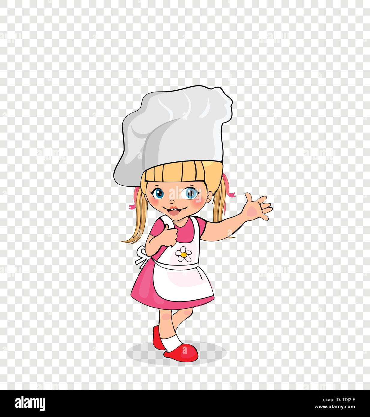 Kleines Mädchen Koch in weißen Schürze und Mütze, Kindermenü Charakter, Adorable Kocher Baby, Kochen blonde Kind in rosa Kleid isoliert auf transparente Backgro Stock Vektor