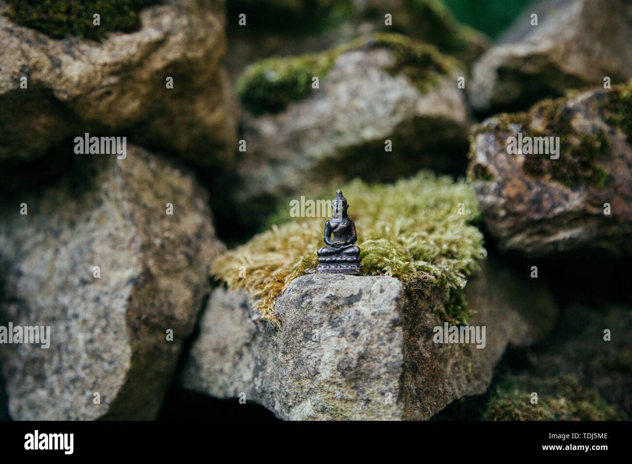 Winzige Buddha-Statue auf einem großen Felsen mit anderen platziert Felsen Stockfoto