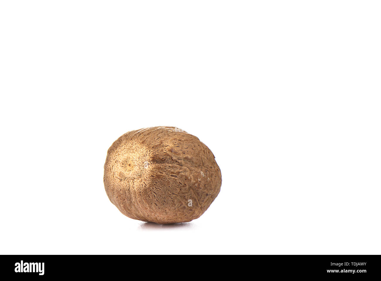 Ganze Muskatnuss auf weißem Hintergrund. Makroaufnahme. Stockfoto
