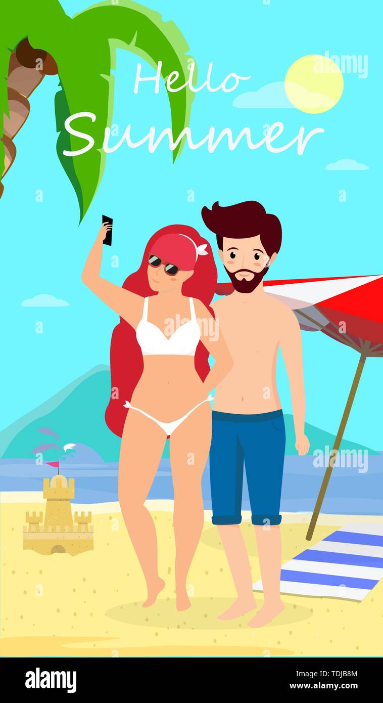 Junge liebende Paar Freizeitaktivitäten im Tropical Island. Der Mann und die Frau in der Bademode Stand bei Sonnenuntergang am Meer, Selfie und trinken einen Cocktail. Summe Stock Vektor