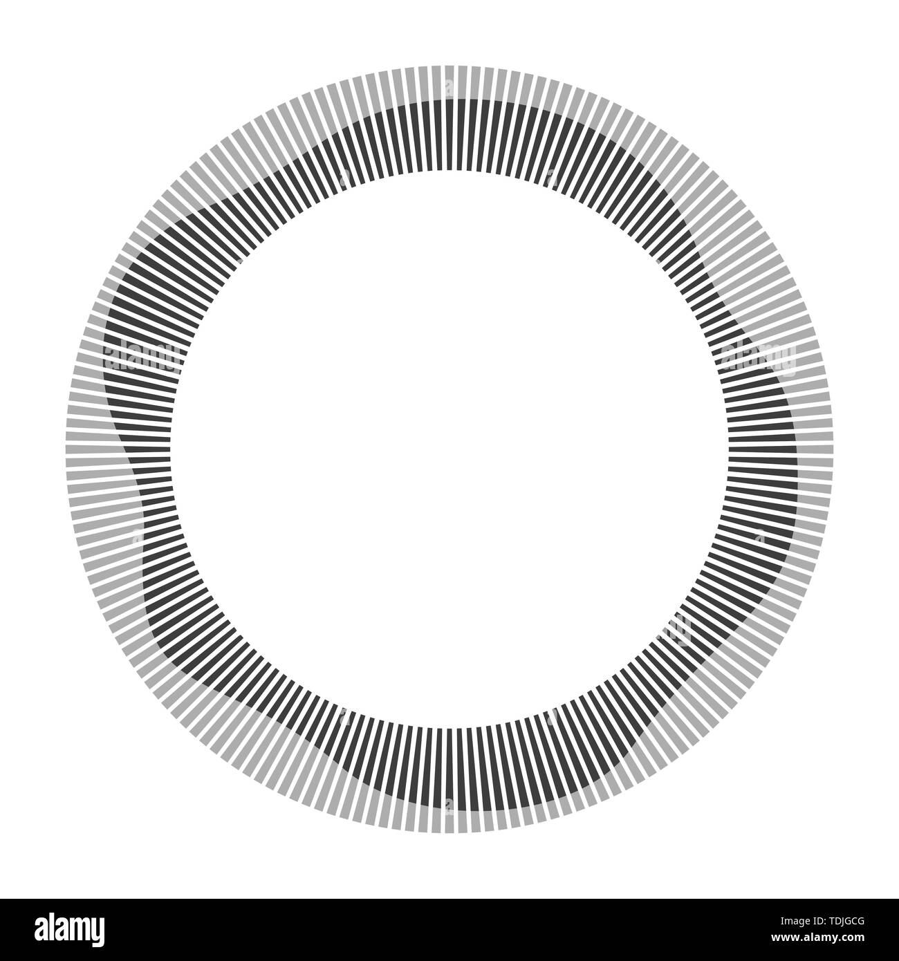 Kreisförmige Rahmen. Runde Form. Radiale schwarzen konzentrischen Partikel. Grauer Ring von kurzen dünnen Strahlen mit wellenförmigen Silhouette isoliert weißer Hintergrund. Sound wav Stock Vektor