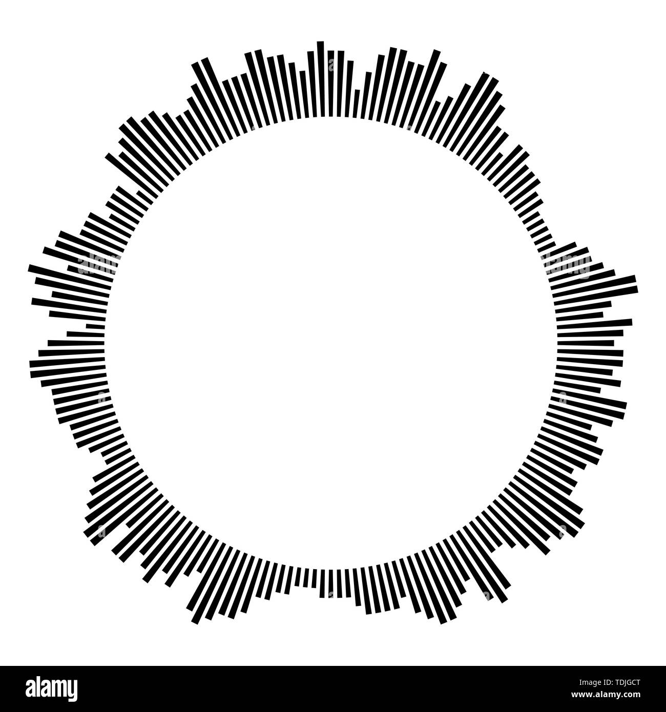 Kreisförmige Rahmen schwarz auf weißem Hintergrund. Runde Form. Radiale schwarzen konzentrischen Partikel. Schwarze Ring der kurze Dünne Strahlen. Schallwelle. Sun Ray oder Star b Stock Vektor