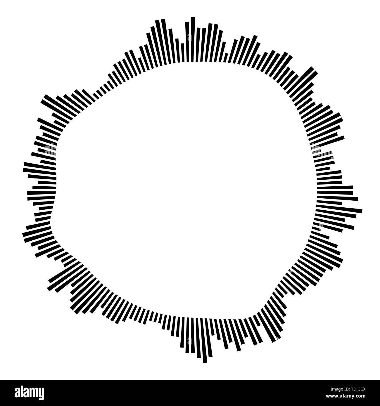 Kreisförmige Rahmen schwarz auf weißem Hintergrund. Runde Form. Radiale schwarzen konzentrischen Partikel. Schwarze Ring der kurze Dünne Strahlen. Schallwelle. Sun Ray oder Star b Stock Vektor