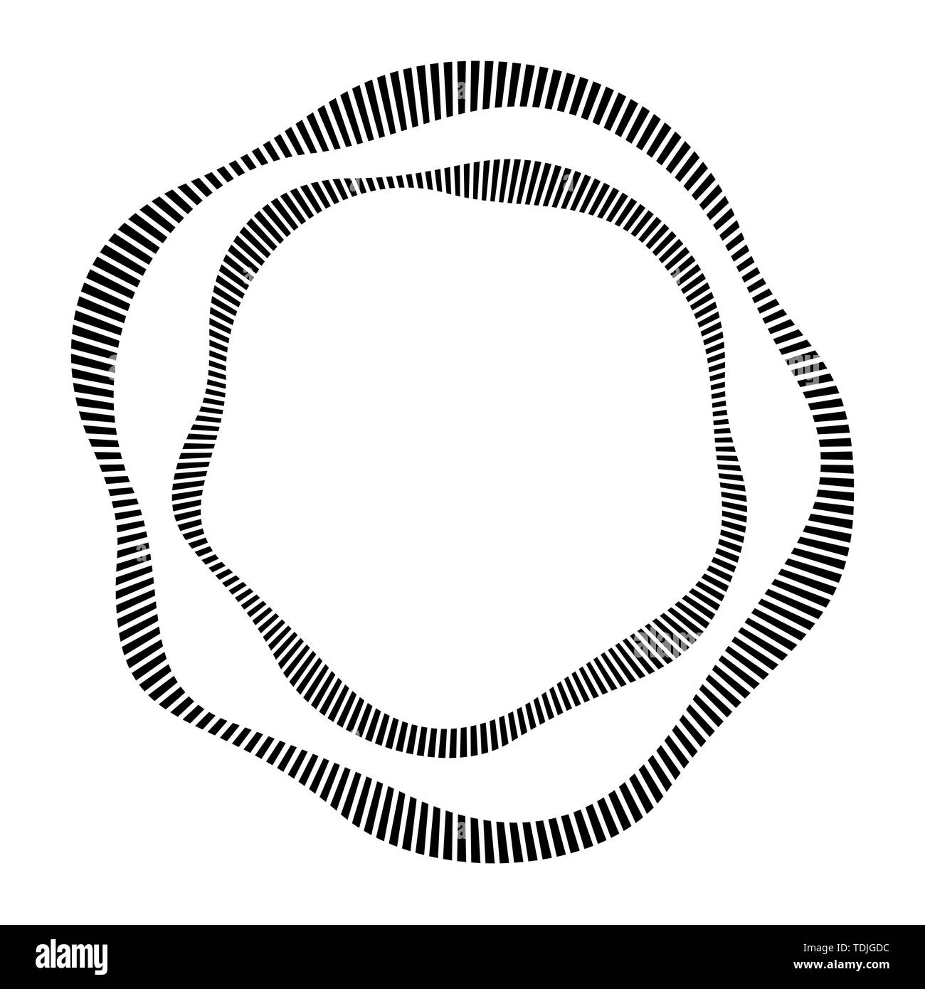 Kreisförmige Rahmen. Runde Form. Radiale schwarzen konzentrischen Partikel. Grauer Ring von kurzen dünnen Strahlen mit wellenförmigen Silhouette isoliert weißer Hintergrund. Sound wav Stock Vektor