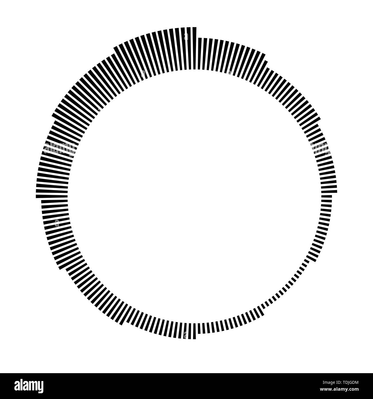 Kreisförmige Rahmen schwarz auf weißem Hintergrund. Runde Form. Radiale schwarzen konzentrischen Partikel. Schwarze Ring der kurze Dünne Strahlen. Schallwelle. Sun Ray oder Star b Stock Vektor