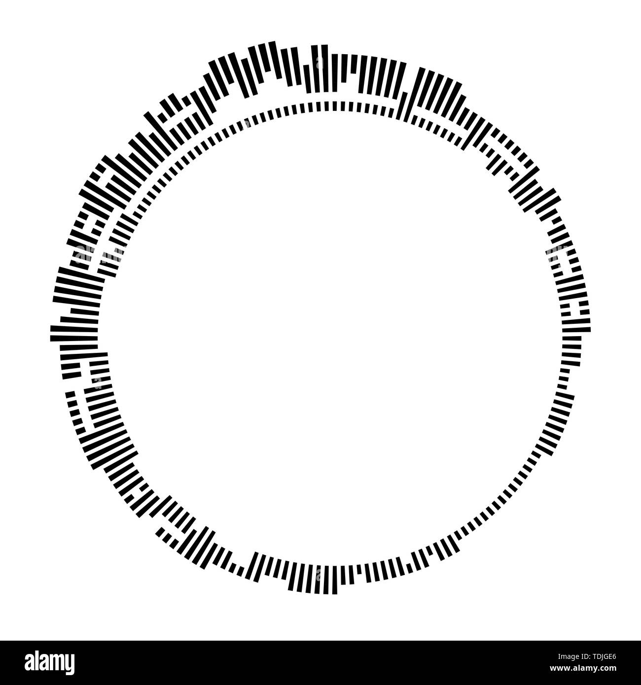 Kreisförmige Rahmen schwarz auf weißem Hintergrund. Runde Form. Radiale schwarzen konzentrischen Partikel. Schwarze Ring der kurze Dünne Strahlen. Schallwelle. Sun Ray oder Star b Stock Vektor