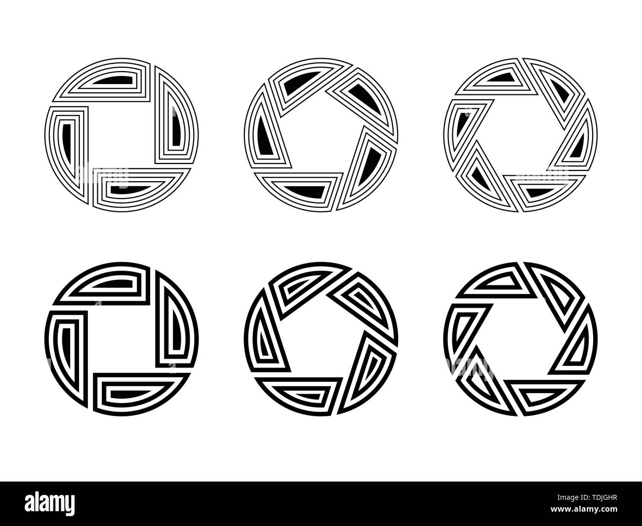 Satz von sechs abstrakte runden Ornamente auf weißem Hintergrund. Heilige Geometrie Symbole. Sakrale Zeichen. Runde Muster. Lineare Stil. Vektor. Stock Vektor