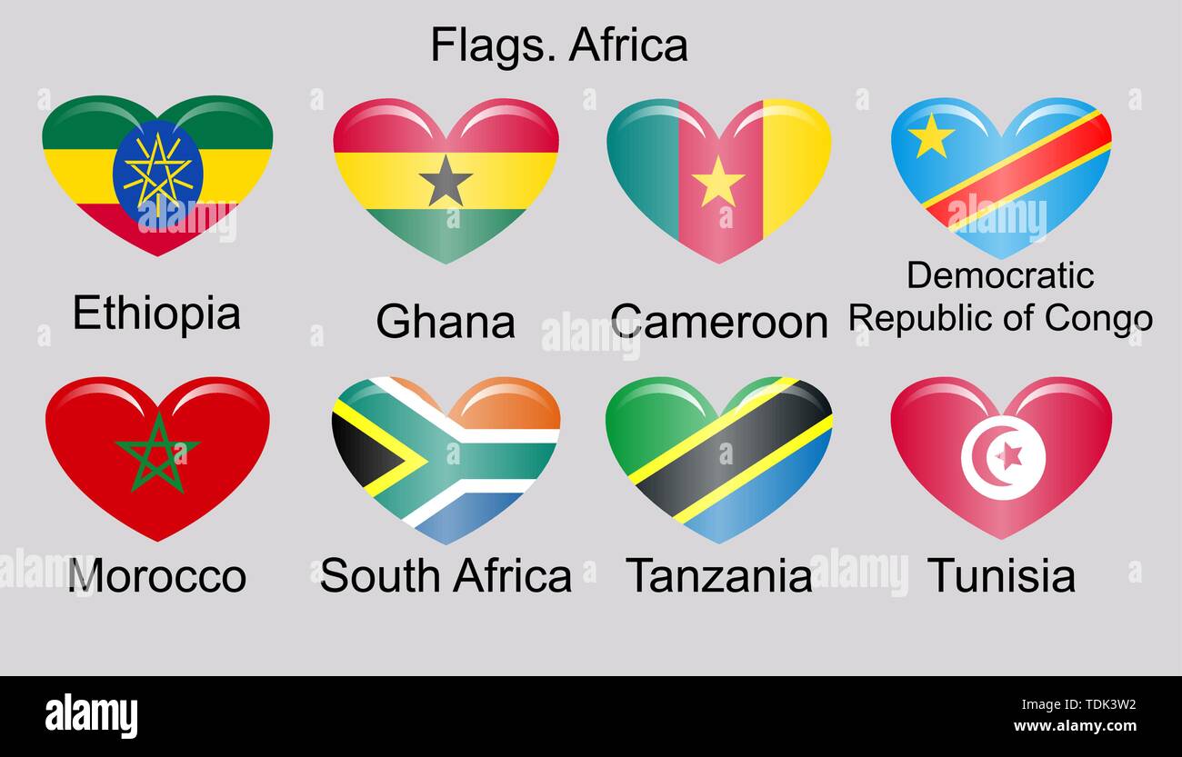 Flaggen Afrika, eingestellt. In Äthiopien, Ghana, Kamerun, Kongo, Marokko, Tansania, Südafrikanische Republik, Tunesien Stock Vektor