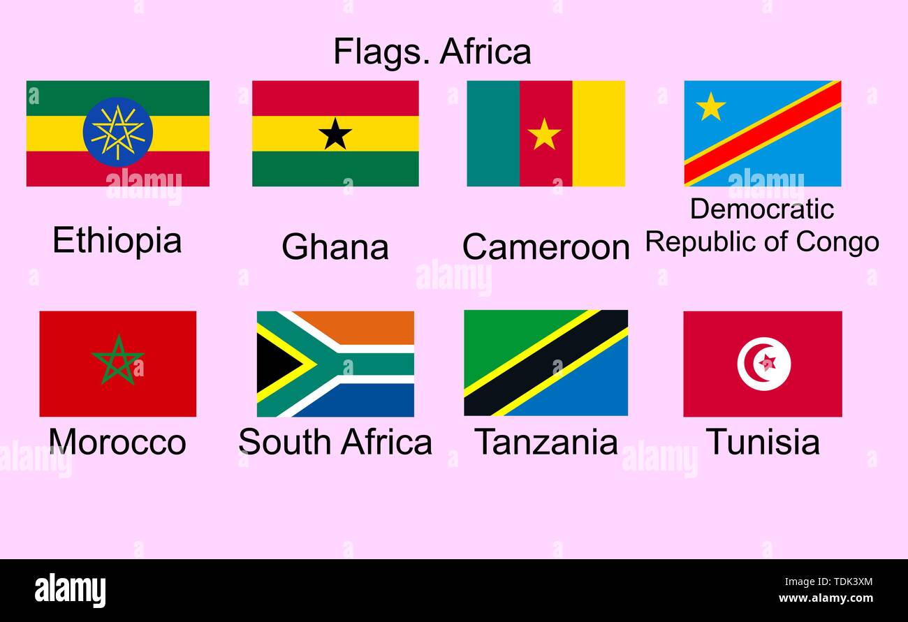 Flaggen Afrika, eingestellt. In Äthiopien, Ghana, Kamerun, Kongo, Marokko, Tansania, Südafrikanische Republik, Tunesien Stock Vektor