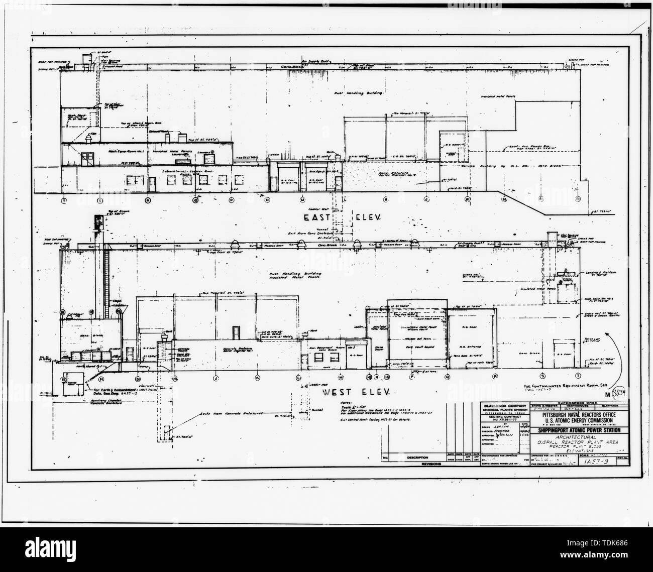 Die REAKTORANLAGE BEREICH ERHÖHUNGEN - Kernkraftwerk Shippingport, am Ohio River, 25 km nordwestlich von Pittsburgh, Shippingport, Beaver County, PA; Hyman Rickover, G; Duquesne Light Company; U.S. Department of Energy; Atomic Energy Commission; Westinghouse Electric Corporation; Bettis Atomic Power Laboratory; Stein und Webster Engineering Corporation; Dravo Corporation; Simpson, John W; Gray, John E; Barker, Joseph H; Iselin, Donald G; Combustion Engineering, Incorporated; Knolls Atomic Power Laboratory; Clark, Philip R; Leighton, David T; Mealia, John E; Raab, Harry F; Thomas, Charle Stockfoto