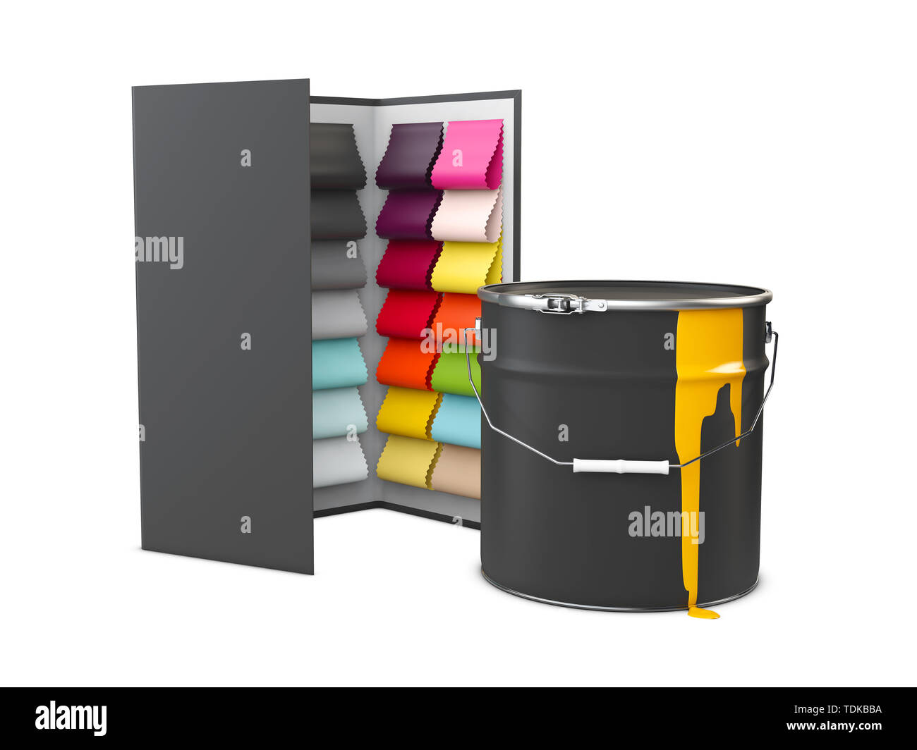 Farbpalette mit Eimer Farbe auf weißem Hintergrund Stockfoto