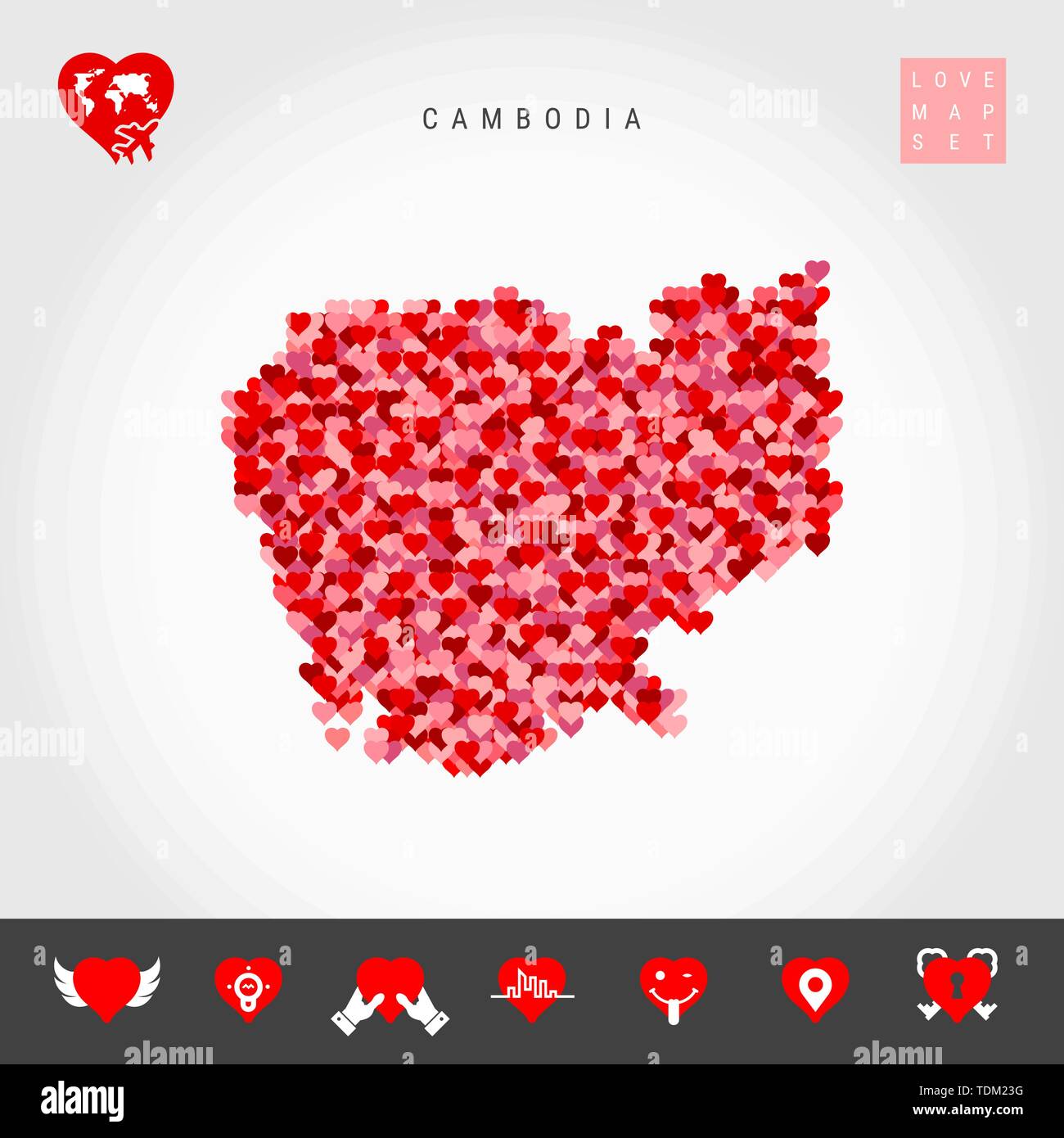 Ich liebe Kambodscha. Rot und rosa Herzen Muster vektorkarte von Kambodscha isoliert auf grauen Hintergrund. Liebe Symbol gesetzt. Stock Vektor