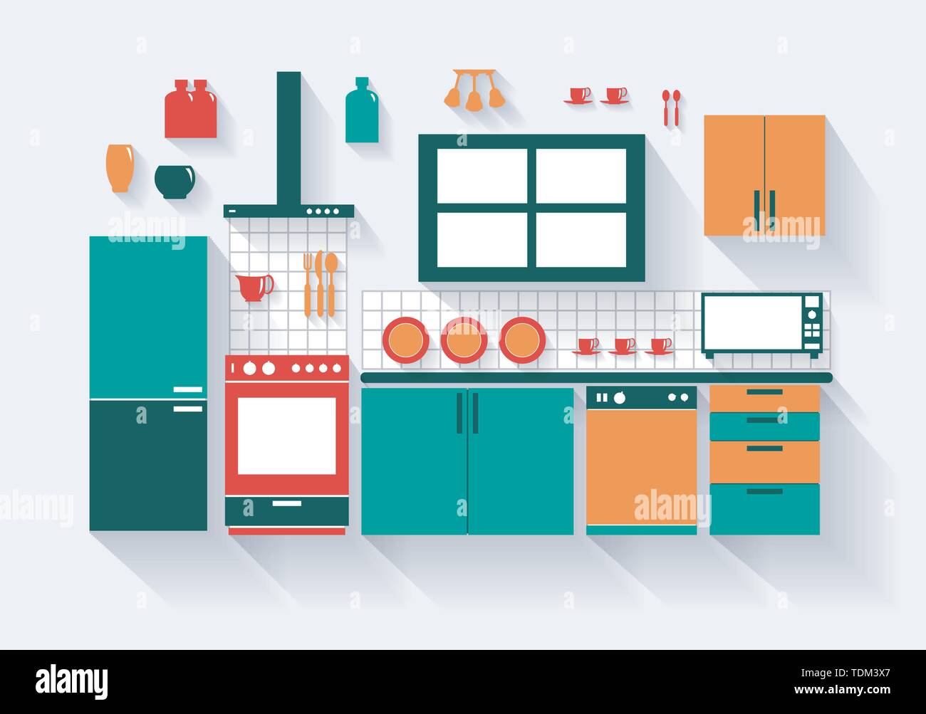 Küche mit Kühlschrank, Herd, Spülmaschine und Armaturen lange Schatten alle Einzelteile separat gruppiert und leicht zu verschieben oder zu bearbeiten Stock Vektor
