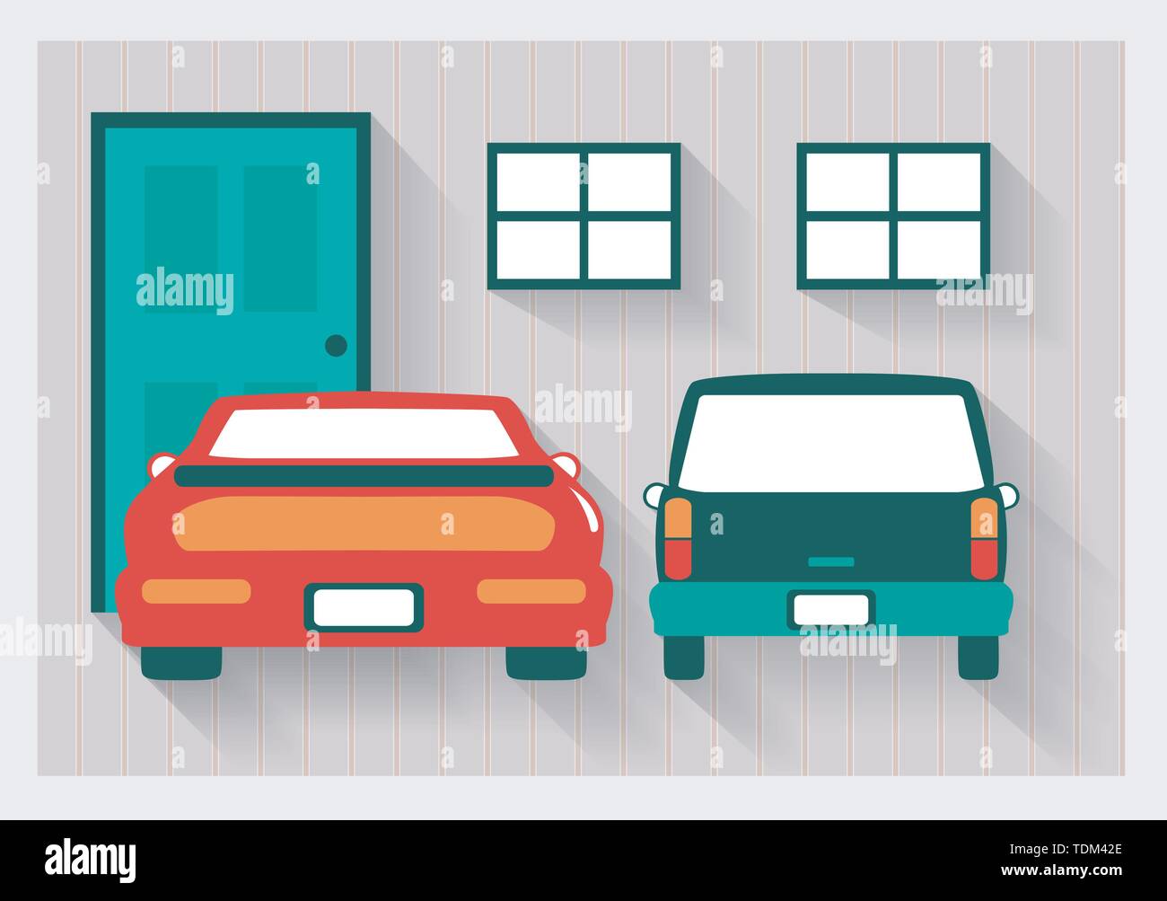 Garage mit roten Sportwagen und Kombi lange Schatten alle Einzelteile separat gruppiert und leicht zu verschieben oder zu bearbeiten Stock Vektor