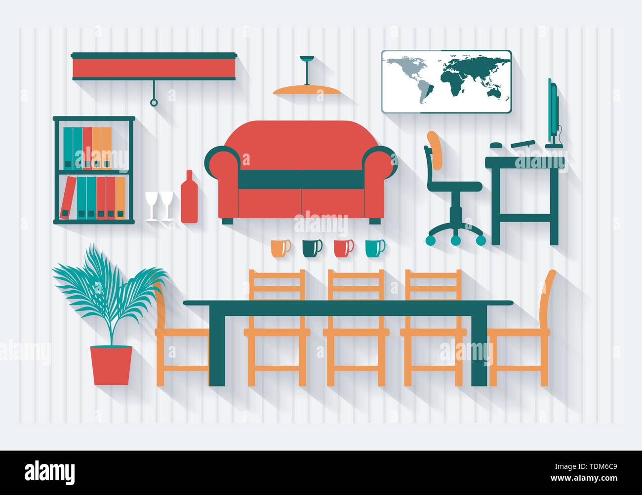 Büro Boardroom mit Computer und Möbel lange Schatten - Alle Gegenstände, die separat gruppiert und leicht zu verschieben oder zu bearbeiten Stock Vektor
