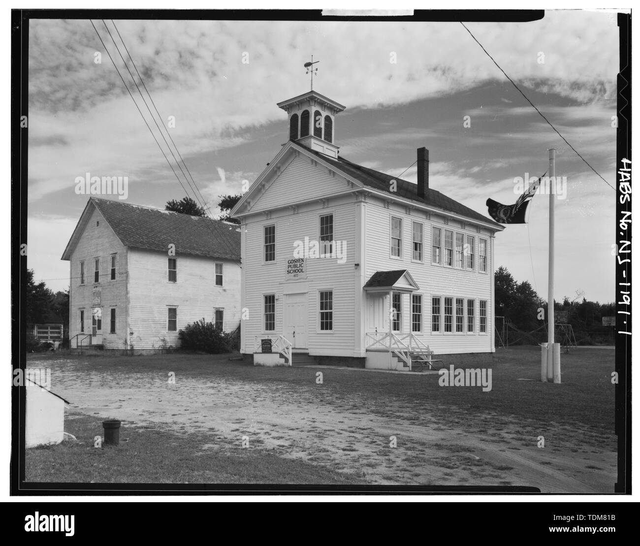 Blick von der Schule, MEHRZWECKSAAL IM HINTERGRUND - Gosen öffentliche Schule, delsea Drive (State Route 47), Gosen, Cape May County, New Jersey Stockfoto