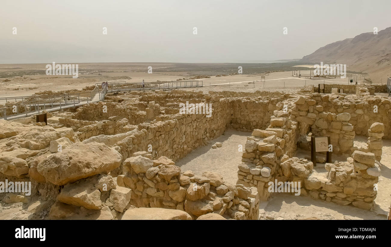 In der breiten Ansicht der ausgegrabenen Gebäude Ruinen der Gemeinschaft in Qumran Stockfoto