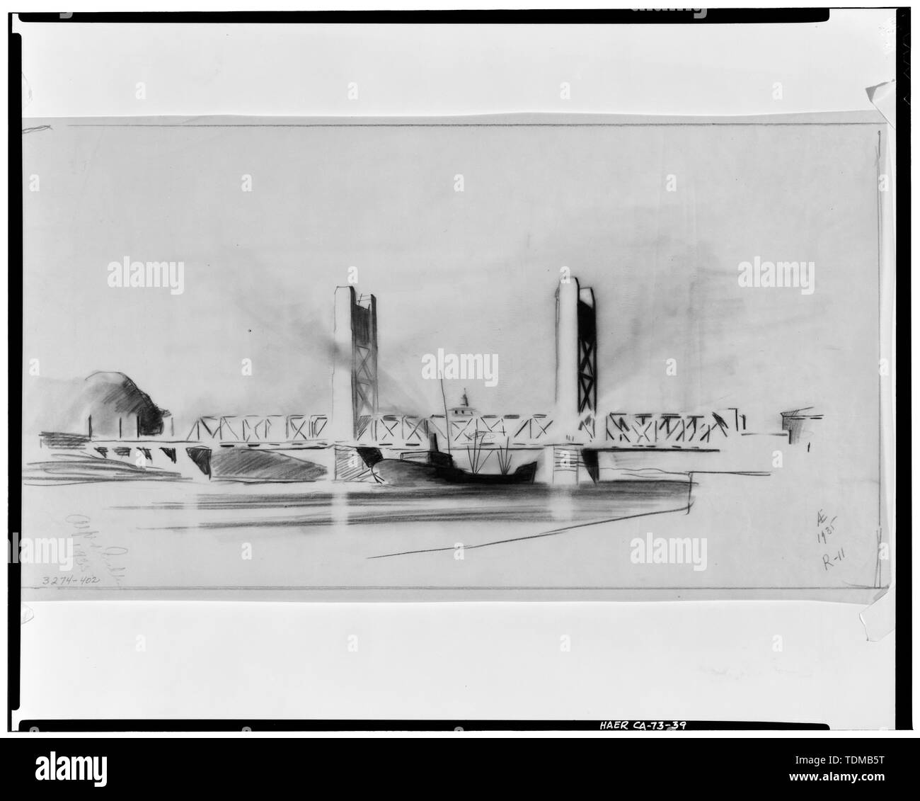 Bleistiftzeichnung von ausgewählten Design, das HOCHSEETAUGLICHE SCHIFF (DIE WAREN NOCH NAVIGIEREN SACRAMENTO RIVER in den 1930er Jahren) anfahren Heben SPAN gezeichnet von Architekt Alfred Eichler, 1935 - Sacramento River Bridge, Spanning Sacramento River an der California State Highway 275, Sacramento, Sacramento County, CA Stockfoto