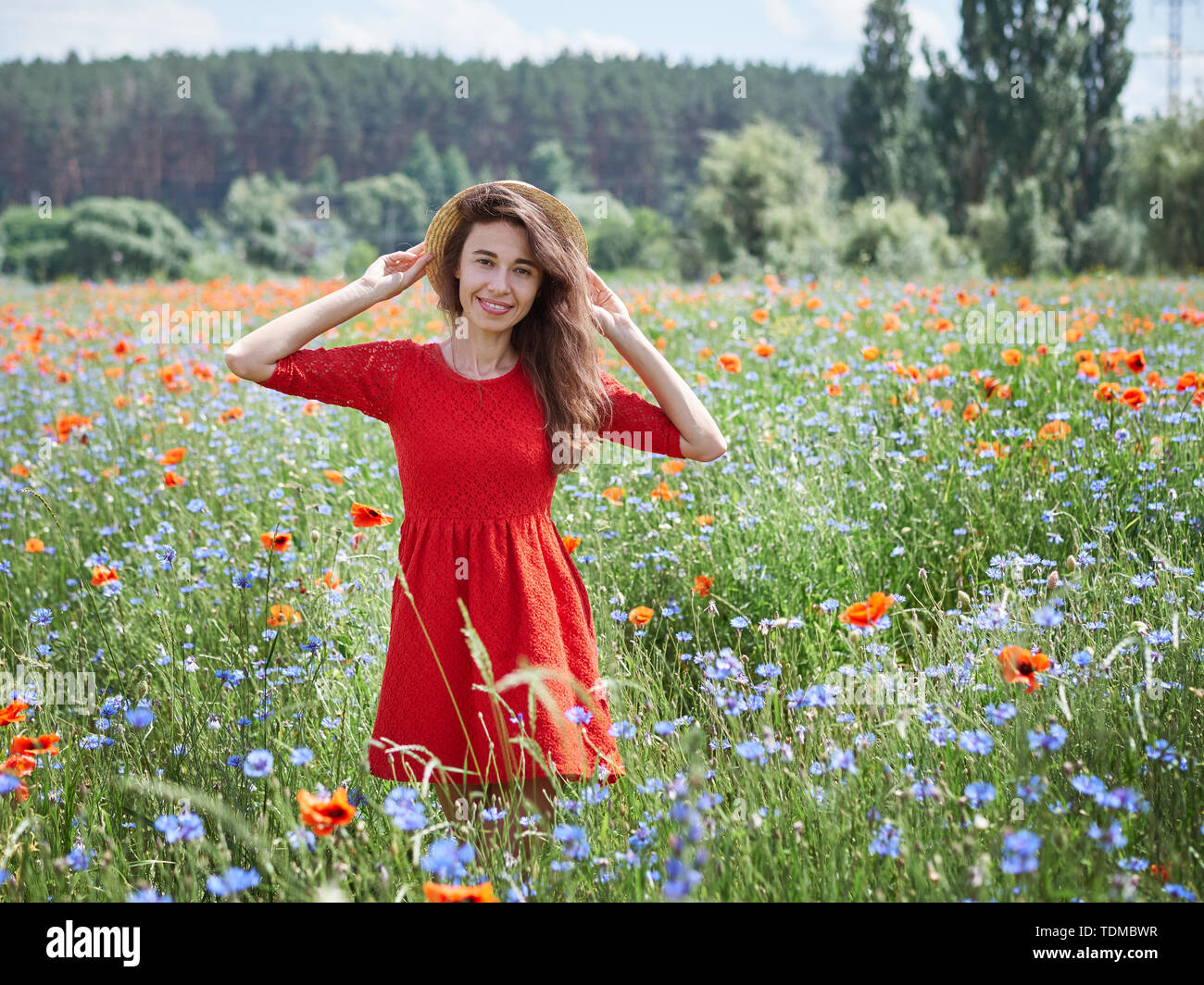 Reizende junge romantische Frau im Stroh Hut auf poppy flower Feld auf Hintergrund Sommer posieren. Tragen Strohhut. Sanfte Farben Stockfoto