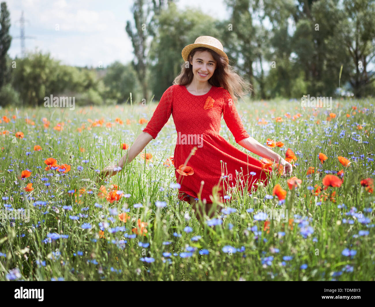 Reizende junge romantische Frau im Stroh Hut auf poppy flower Feld auf Hintergrund Sommer posieren. Tragen Strohhut. Sanfte Farben Stockfoto