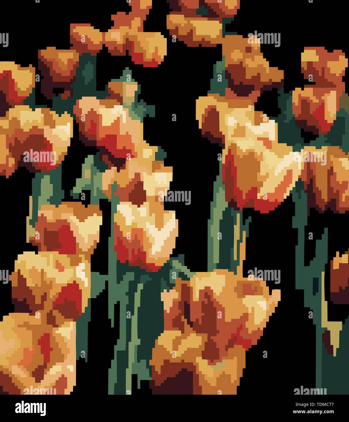 Pixel Kunst mit orange Tulpen. Drucken. Abstrakte Mosaik Tulpen Blumen mit grünem Stengel und Blüten auf schwarzem Hintergrund Stockfoto