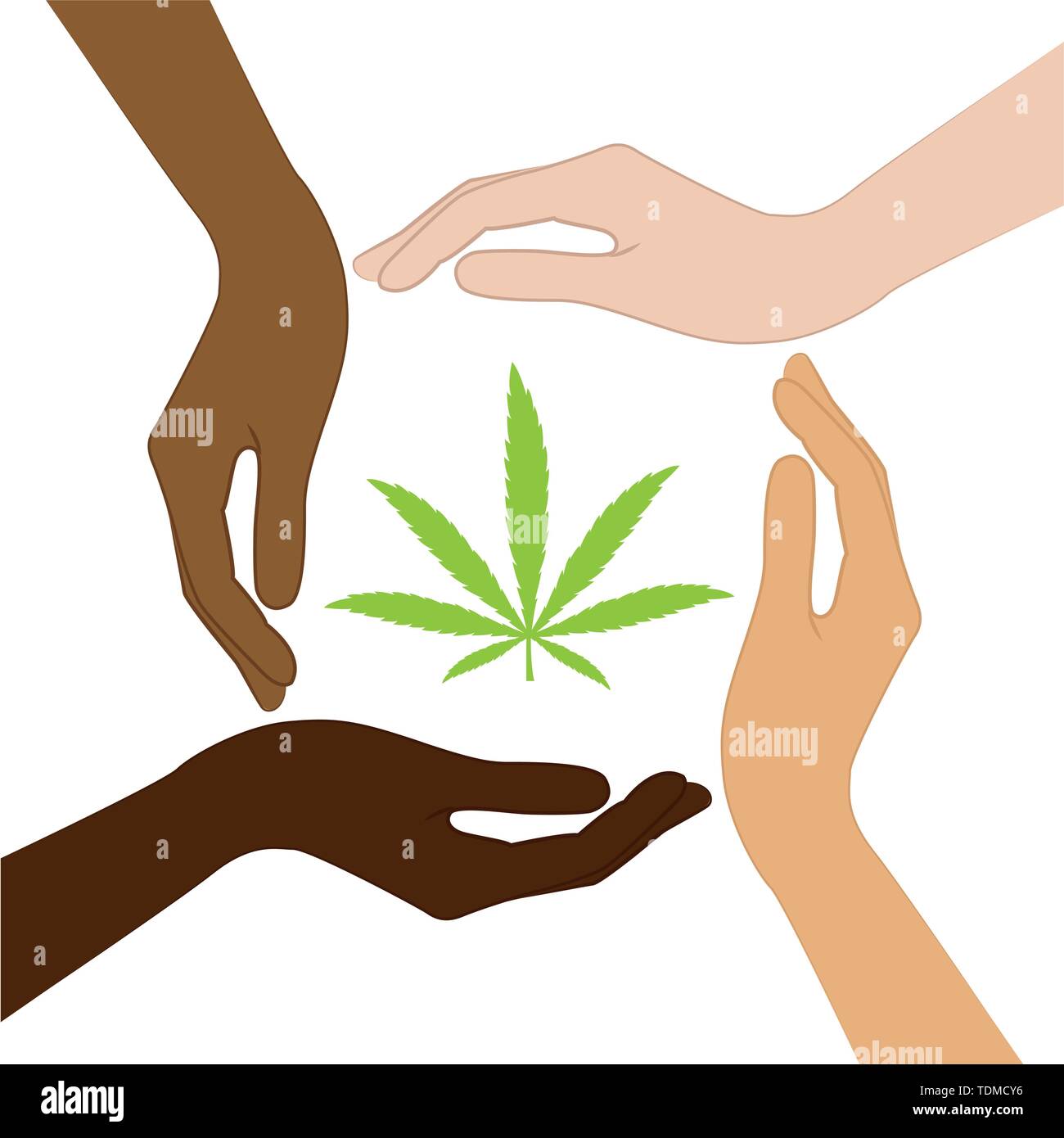 Cannabis Blatt in der Mitte der Hände mit unterschiedlichen Hautfarben Vektor-illustration EPS 10. Stock Vektor