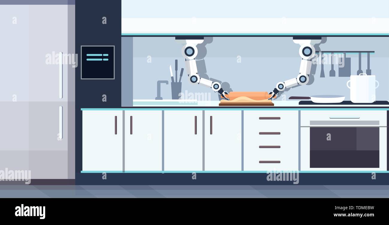 Smart Handy chef Roboter rollenteig an Bord robotic Assistant innovation Technologie künstliche Intelligenz Konzept moderne Küche inneren flachen Stock Vektor