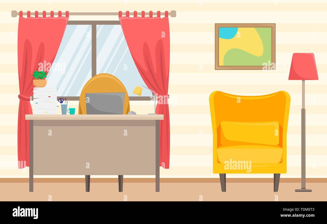 Home Office. Gemütliches Wohnzimmer mit Schreibtisch. Remote arbeiten. Freelance. Flache Cartoon Stil Vector Illustration Stock Vektor