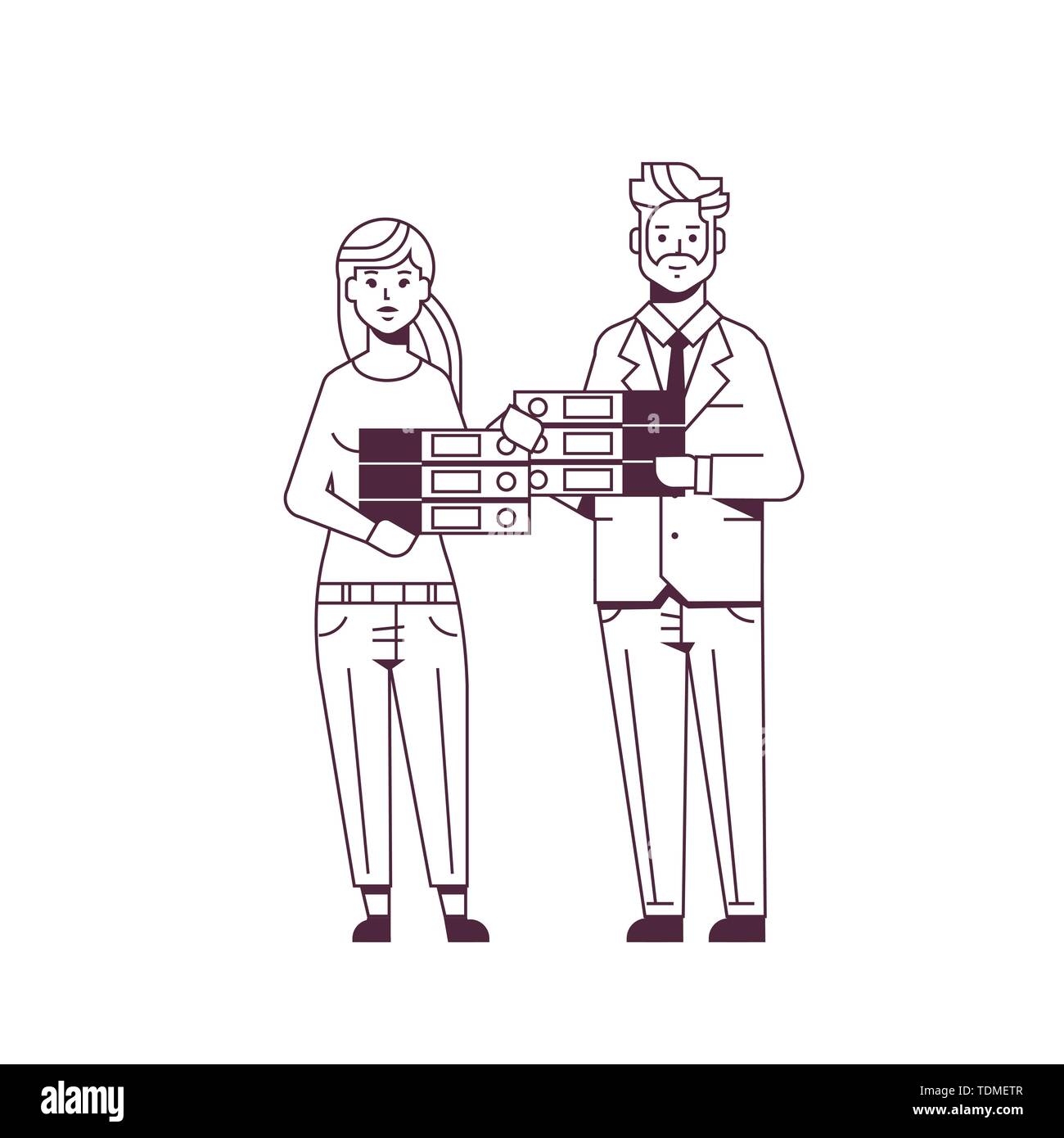 Gestresste Geschäftsleute Mann Frau Ordner stack Paar überlasteten Kollegen gemeinsam Schreibarbeit Konzept Skizze von Hand gezeichnete Linie voll Stock Vektor