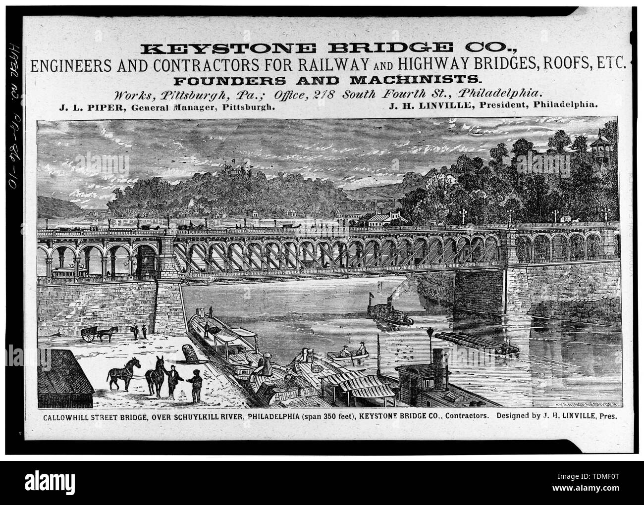 Fotokopie von 1875 HOLZSCHNITT DER BRÜCKE EINSCHLIESSLICH DER HERSTELLER WERBUNG - Callowhill Street Bridge, Schuylkill River im Frühling Garten und Callowhill Straßen, Philadelphia, Philadelphia County, PA Stockfoto