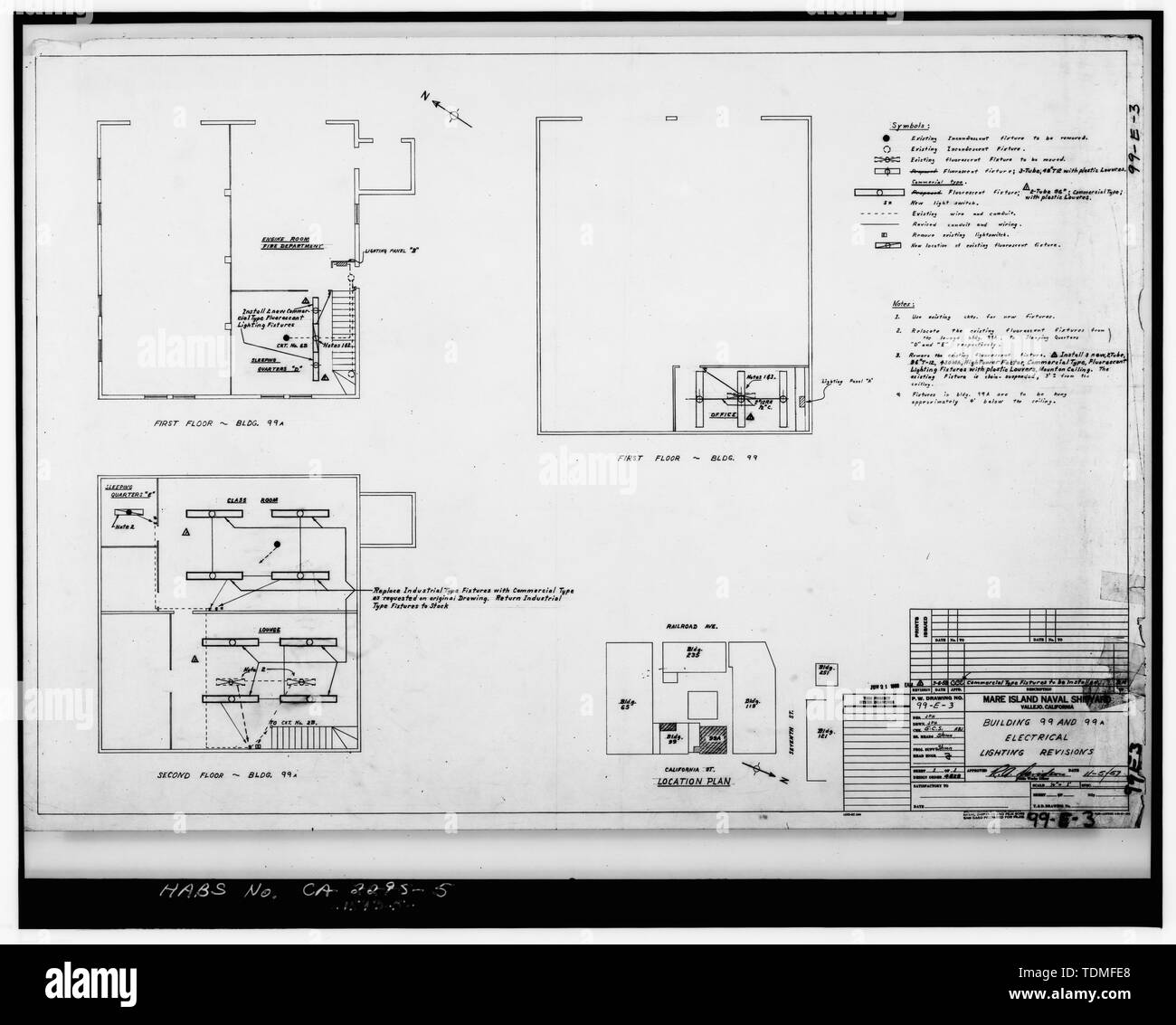 Kopie der Zeichnung 99-E-3, Gebäude 99 und 99 EINE ELEKTRISCHE BELEUCHTUNG REVISIONEN, November 1957. - Mare Island Naval Shipyard, Feuer Haus Anhang, Vallejo, Solano County, CA Stockfoto