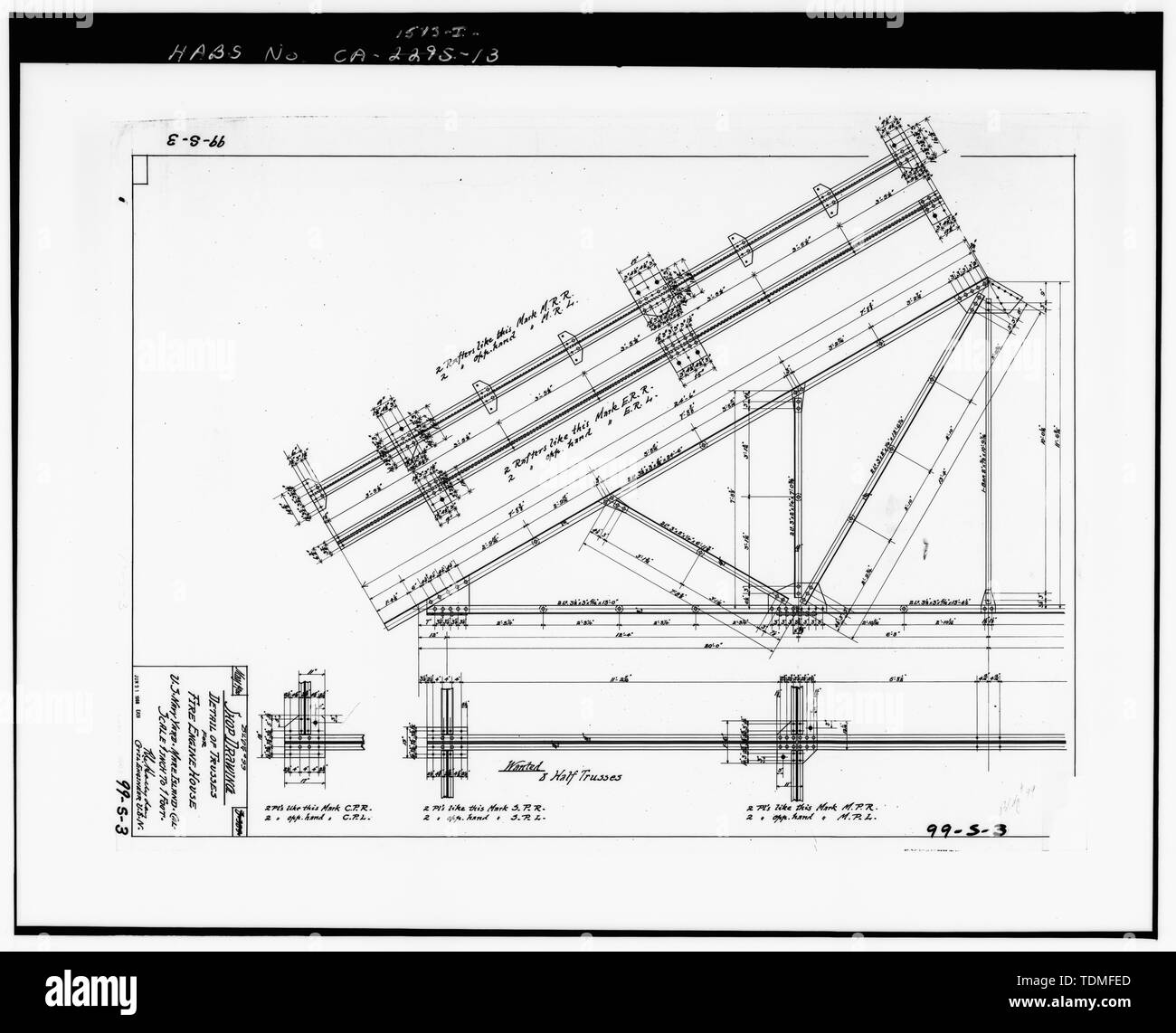 Kopie der Zeichnung 99 - S-3, SHOP ZEICHNUNG, DETAIL DER TRAVERSEN FÜR FIRE ENGINE HOUSE, Mai 1900. - Mare Island Naval Shipyard, Firehouse, Vallejo, Solano County, CA Stockfoto