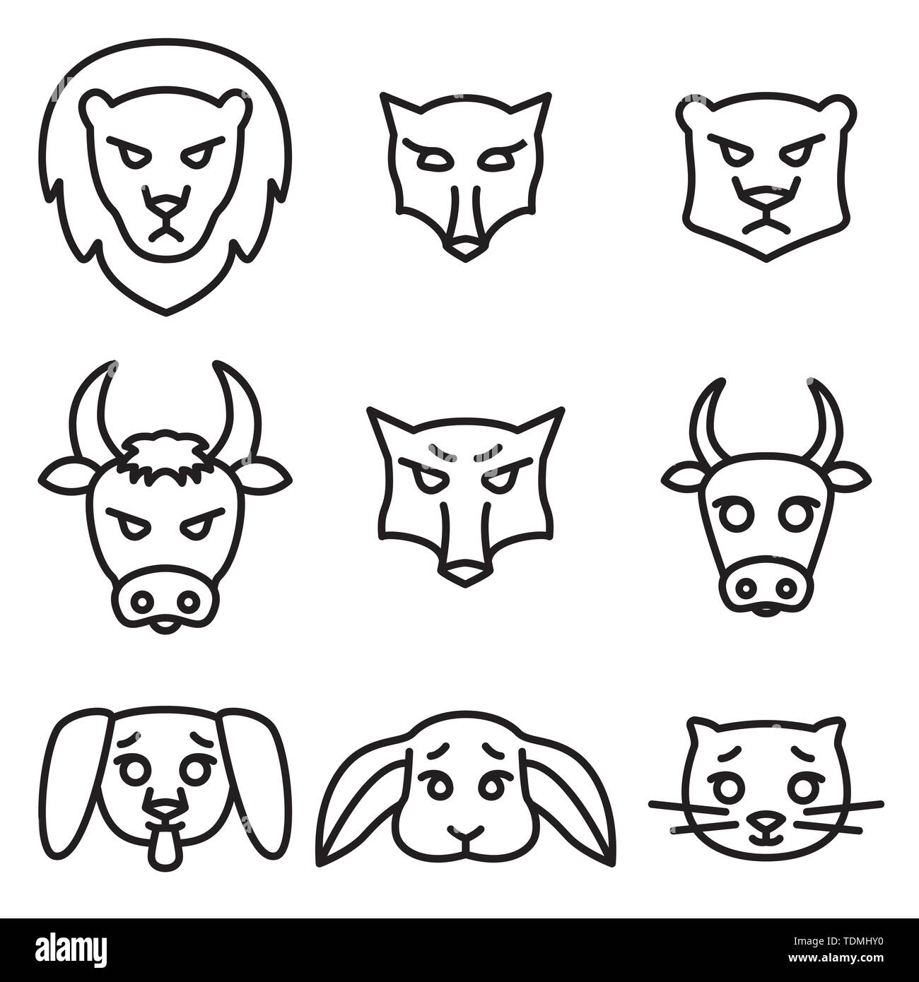 Satz von Symbolen oder Logos mit inländischen, Wild- und Nutztieren. Vector Illustration in linearen Stil. Stock Vektor