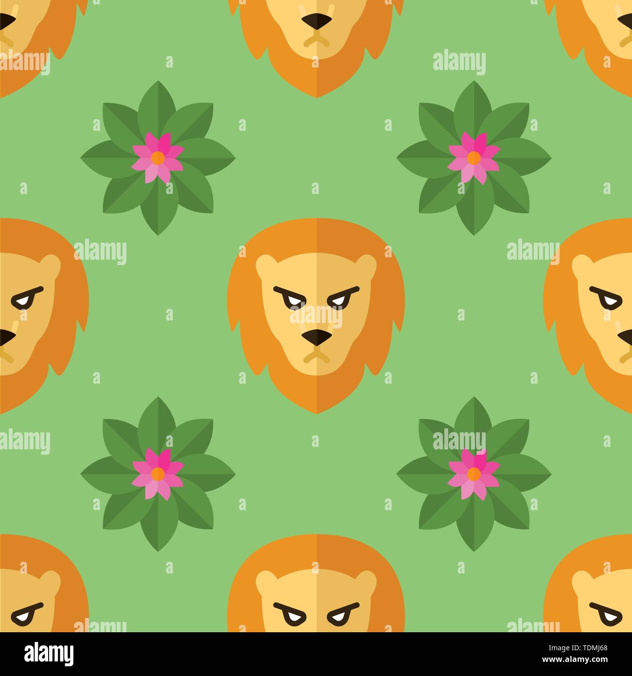 Nahtlose Muster für Textilien mit Löwen und Blumen auf einem hellen, grünen Hintergrund. Vector Illustration im flachen Stil Stock Vektor
