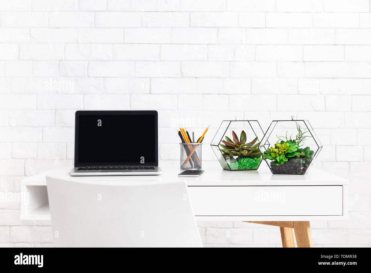 Modernes Zuhause Arbeiten Mit Laptop Und Zimmerpflanzen Am Weissen