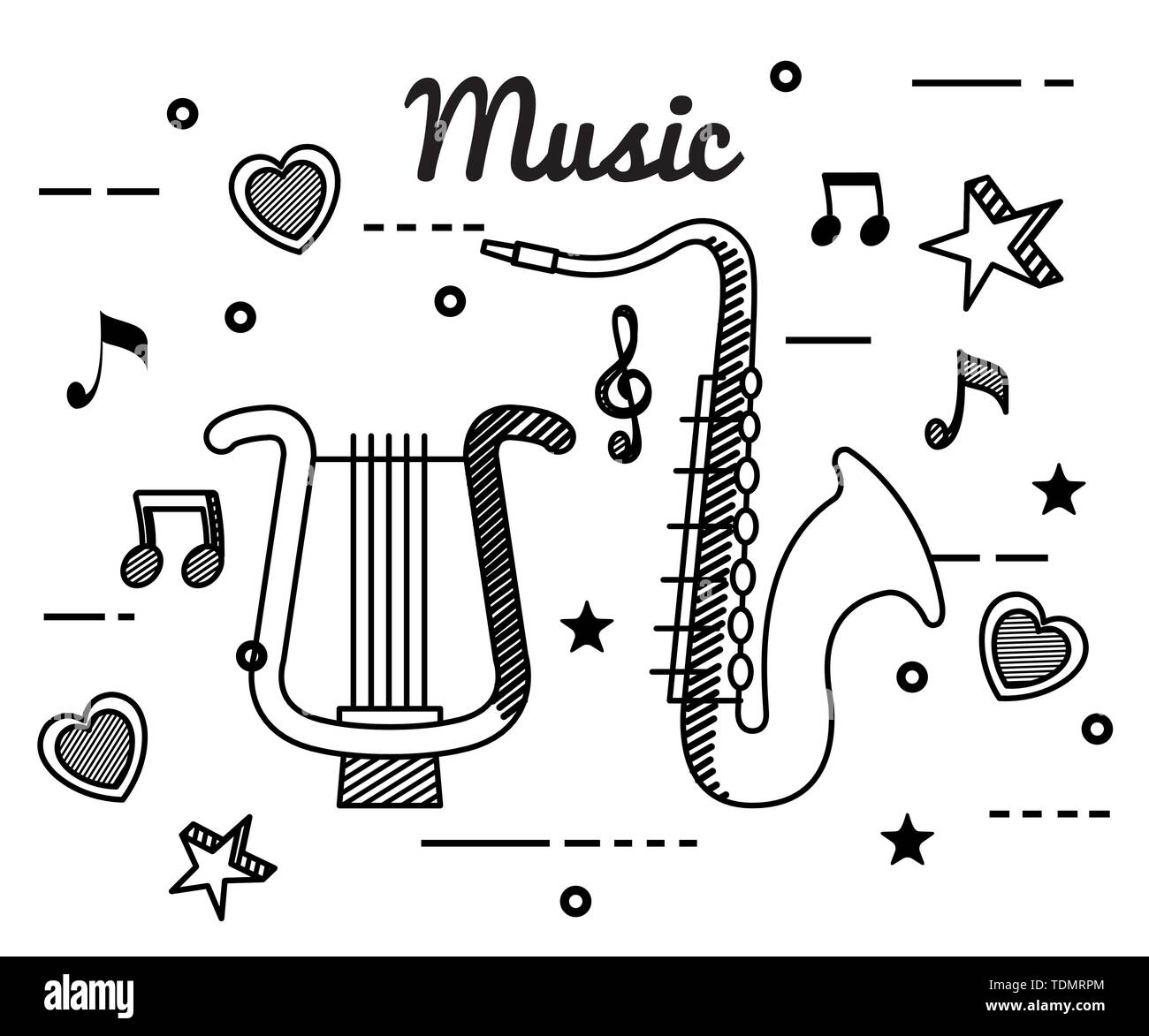 Harfe und Saxophon mit Notenschlüssel und Noten Achtel mit Fernlicht  Stock-Vektorgrafik - Alamy