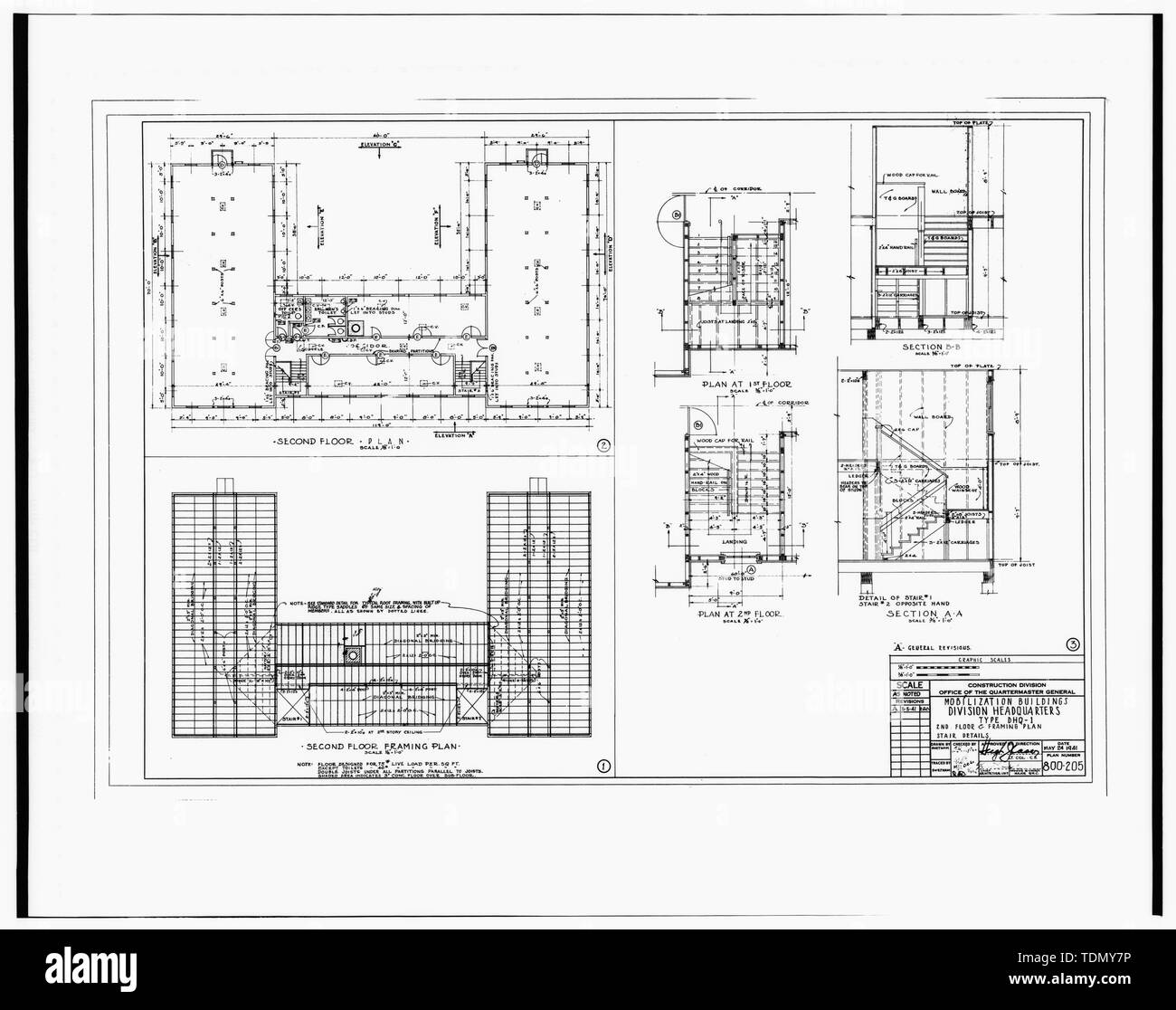 PLAN 800-205; Abteilung Zentrale TYP DHQ-1, 2. Etage und FRAMING PLAN, TREPPEN DETAILS-Fort McCoy, Gebäude T-100, Sparta, Monroe County, WI Stockfoto