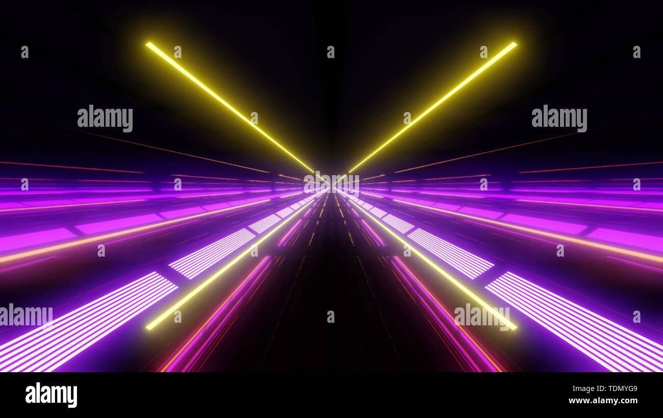 Multi Color Light Tunnel mit violetten Licht und Reflexionen Stockfoto