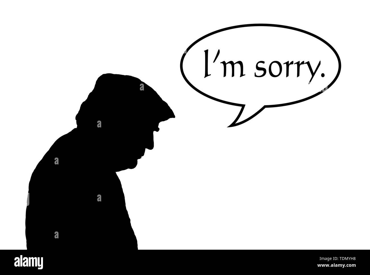 Abbildung: eine Silhouette der USA amerikanische Präsident J Donald Trump seinen Kopf beugen mit Bedauern mit einer Sprechblase: "Es tut mir Leid'. Stockfoto