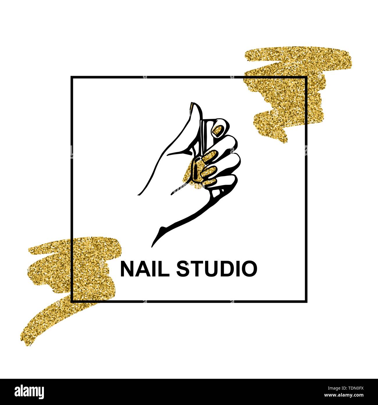 Vektor gold Emblem mit einem weiblichen Hand in eine trendige minimalistischen linearen Stil. Logo für einen Beauty Salon oder einer Maniküre. die Vorlage für die Verpackung von Hand Creme Stock Vektor