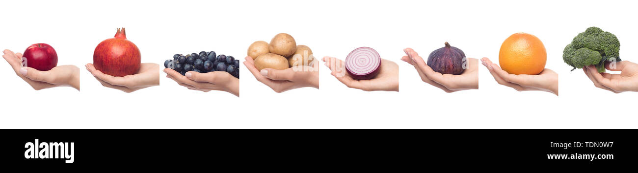 Obst und Gemüse Collage in der Hand auf Weiß Stockfoto