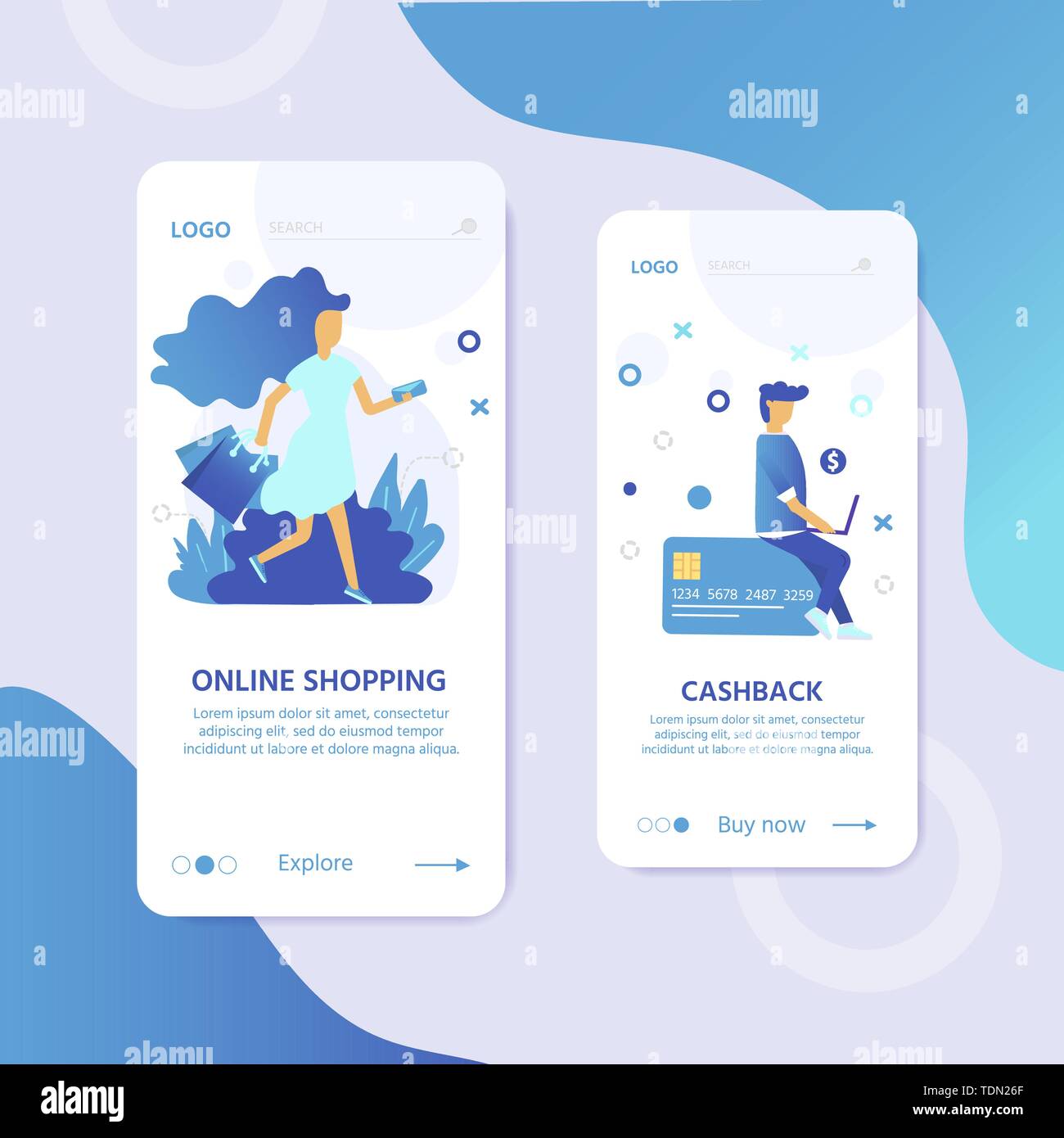 Landing Page Template für Online Shopping mit flachen Menschen Zeichen und Taschen. Konzept für die Website Banner, mobile App vorlagen, e Commerce, di Stock Vektor