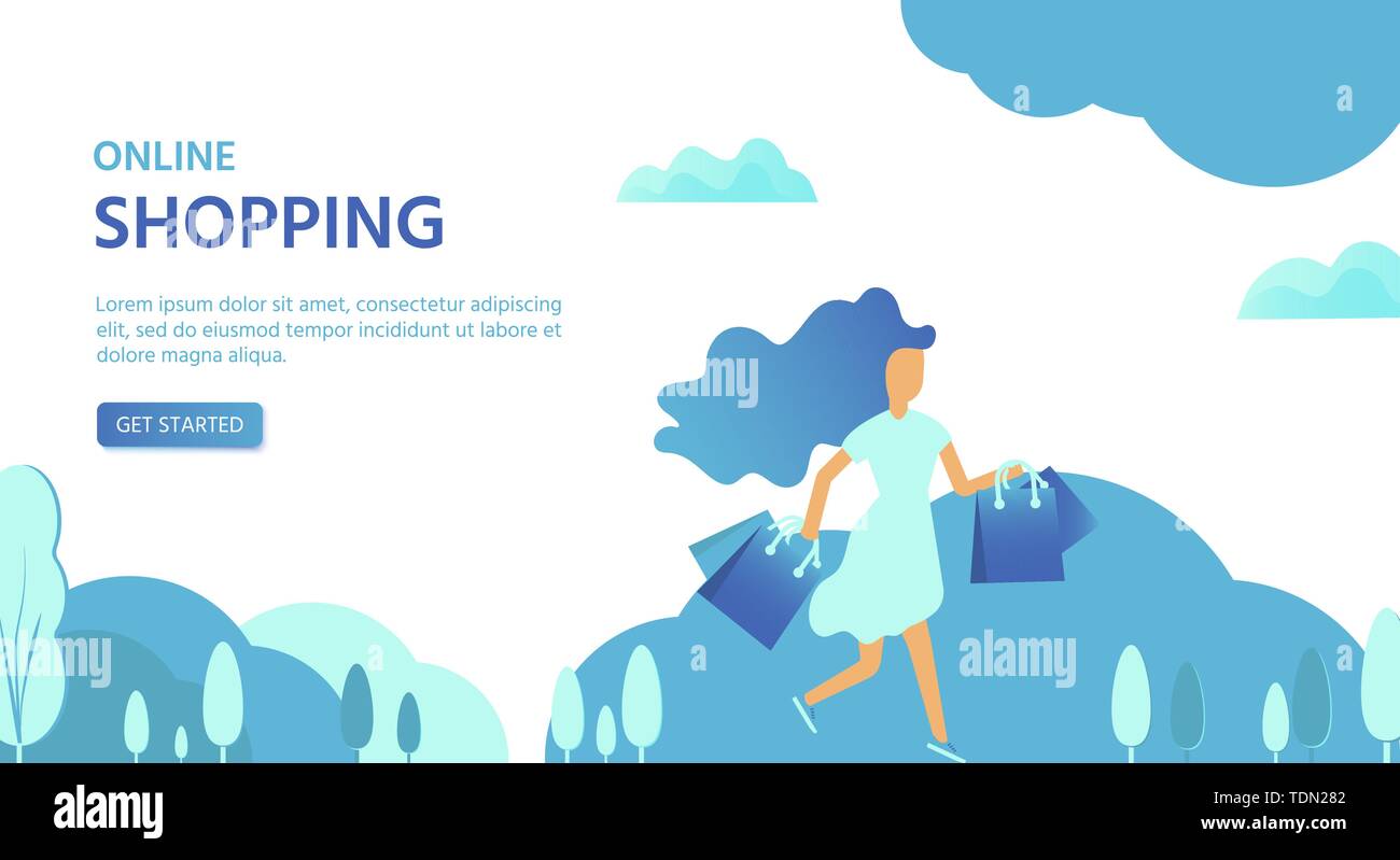 Landing Page Template für Online Shopping mit flachen Menschen Zeichen und Taschen. Konzept für die Website Banner, mobile App vorlagen, e Commerce, di Stock Vektor